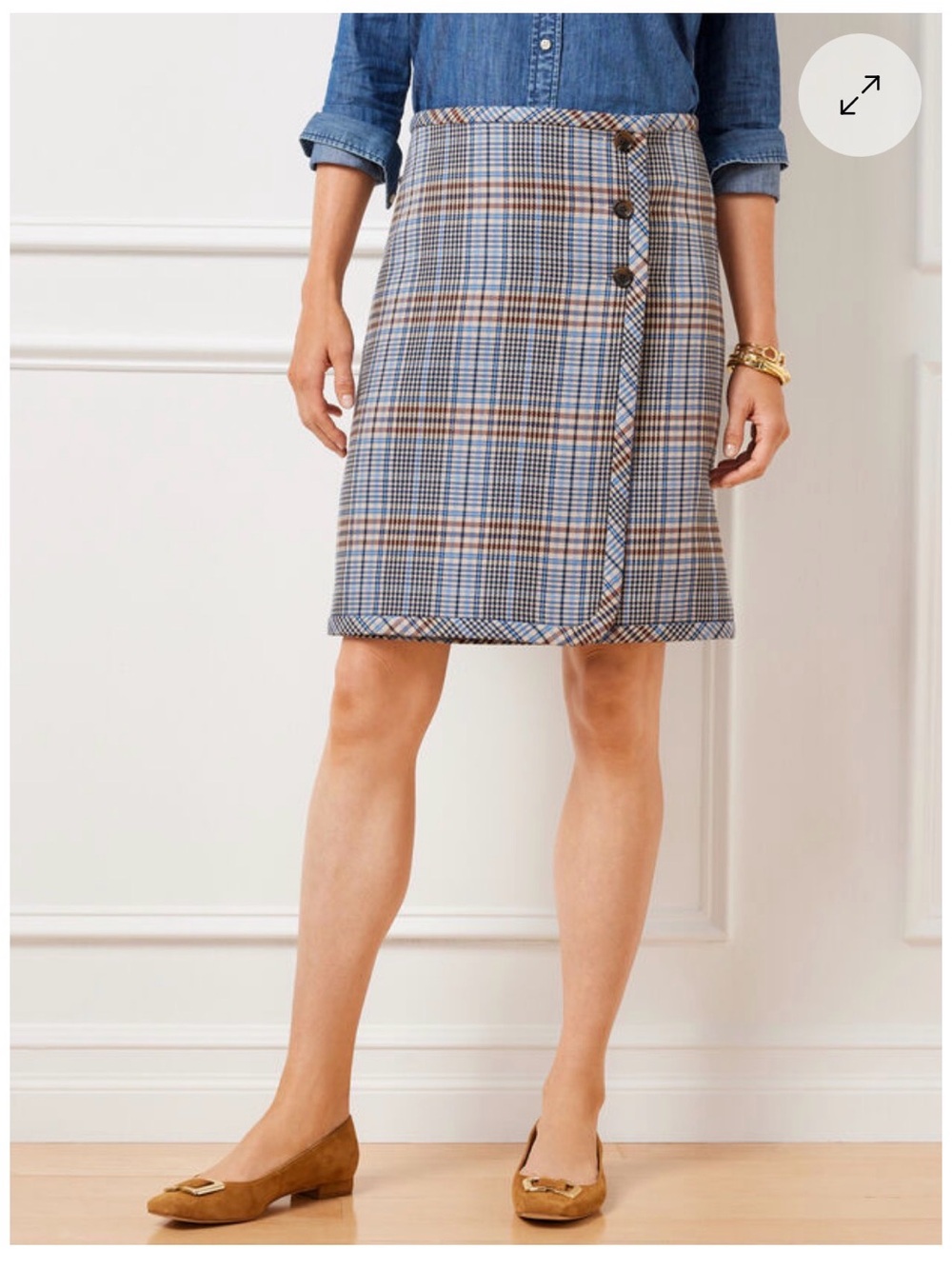 Talbots Plaid Wrap Mini Skirt Size 2 Blue Brown Preppy Button Detail